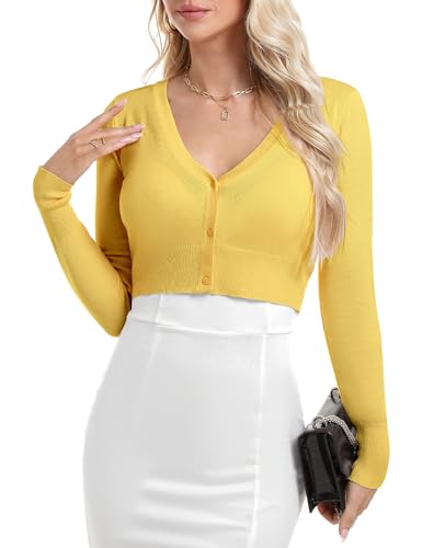 Irevial Damen Bolero Basic Strickjacke Langarm Kurz Cardigan Retro Strickbolero V- Ausschnitt mit Knopf für Frühling, Sommer und Herbst Gelb L von Irevial