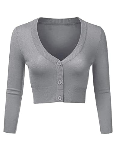 Irevial Damen Bolero Basic Strickjacke Langarm Kurz Cardigan Retro Strickbolero V- Ausschnitt mit Knopf für Frühling, Sommer und Herbst Grau M von Irevial