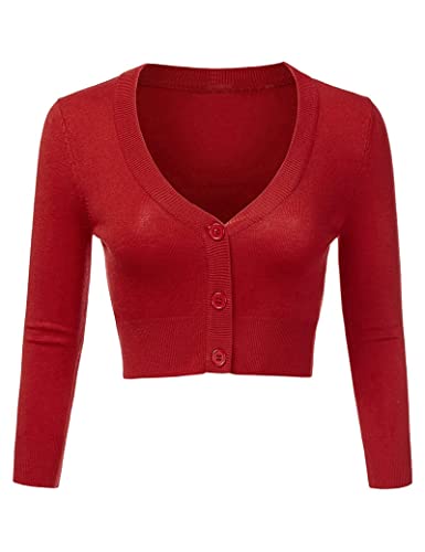 Irevial Damen Bolero Basic Strickjacke Langarm Kurz Cardigan Retro Strickbolero V- Ausschnitt mit Knopf für Frühling, Sommer und Herbst Rot XXL von Irevial