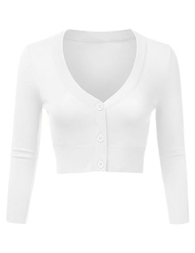 Irevial Damen Bolero Basic Strickjacke Langarm Kurz Cardigan Retro Strickbolero V- Ausschnitt mit Knopf für Frühling, Sommer und Herbst Weiß M von Irevial