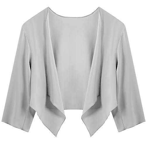 Irevial Damen Bolero Chiffon Cardigan 3/4 Ärmel Festlich Sommerjacke Elegante Open Front Bolerojacke Leichte Strickjacke Grau XL von Irevial