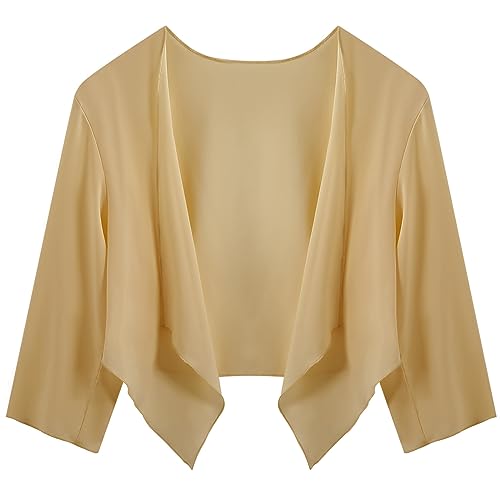 Irevial Damen Bolero Chiffon Cardigan 3/4 Ärmel Festlich Sommerjacke Elegante Open Front Bolerojacke Leichte Strickjacke Beige L von Irevial