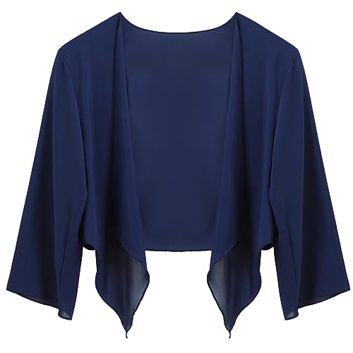 Irevial Damen Bolero Chiffon Cardigan 3/4 Ärmel Festlich Sommerjacke Elegante Open Front Bolerojacke Leichte Strickjacke Blau M von Irevial