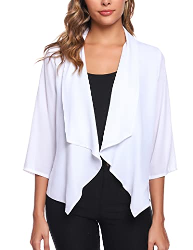 Irevial Damen Bolero Schulterjäckchen aus Chiffon Cardigan Open Front Strickjacke 3/4 Ärmel Weich Kurz Shrug Casual Top Kurze Strickjacke Weiß M von Irevial