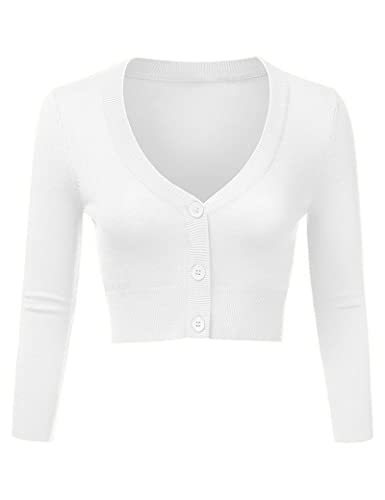 Irevial Damen Bolero Festlich Kurze Strickjacke Elegant Jacke Langarm Cardigan mit Knöpfe Bolerojacke zum Kleid Top für Herbst Frühling Weiß L von Irevial