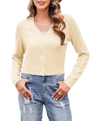 Irevial Damen Bolero Kurze Strickjacke Langarm Cardigan Elegante Jacke Leichte Casual Strickjacken mit Knöpfen Aprikose M von Irevial