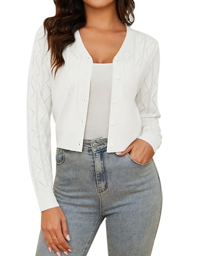Irevial Damen Bolero Kurze Strickjacke Langarm Cardigan Elegante Jacke Stricken V-Ausschnitt mit Knopf Weiß M von Irevial