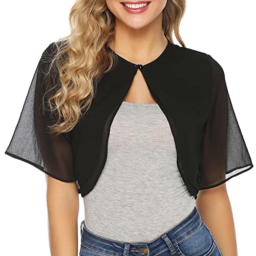 Irevial Damen Chiffon Boleros Kurzarm Front öffnen Shrug Dünn Bolerojacke Elegant Schulterjacke zum Kleid Kurzjacke für Sommer Schwarz XL von Irevial