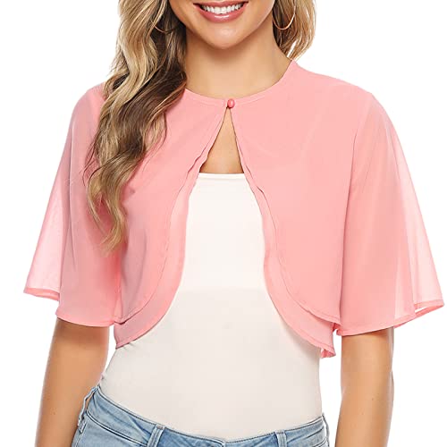 Irevial Damen Chiffon Boleros Kurzarm Front öffnen Shrug Dünn Bolerojacke Elegant Schulterjacke zum Kleid Kurzjacke für Sommer Rosa L von Irevial