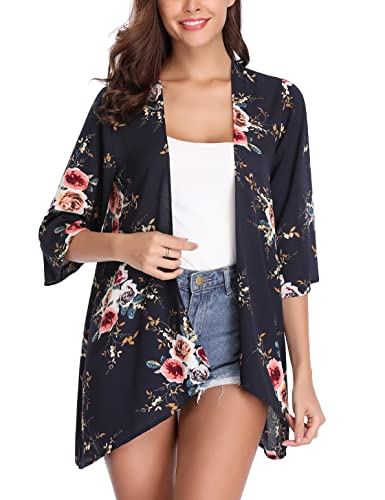 Irevial Damen Chiffon Kimono Cardigan 3/4 Arm Bikini Cover Up Blumen Print Leichte Strand Offene Front Jacke für Sommer, Navy Blau, S von Irevial