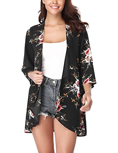 Irevial Damen Chiffon Kimono Cardigan 3/4 Arm Bikini Cover Up Blumen Print Leichte Strand Offene Front Jacke für Sommer, Schwarz, S von Irevial