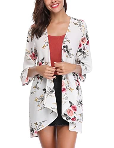 Irevial Damen Chiffon Kimono Cardigan 3/4 Arm Bikini Cover Up Blumen Print Leichte Strand Offene Front Jacke für Sommer, Weiß, M von Irevial