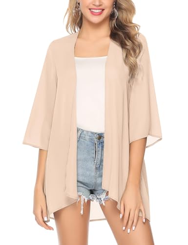 Irevial Damen Chiffon Kimono Cardigan 3/4 Arm Bikini Cover Up Leichte Strand Offene Front Jacke für Sommer, Einfarbig-Creme, M von Irevial
