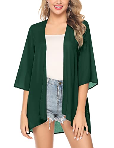 Irevial Damen Chiffon Kimono Cardigan 3/4 Arm Bikini Cover Up Leichte Strand Offene Front Jacke für Sommer, Einfarbig-Dunkelgrün, M von Irevial