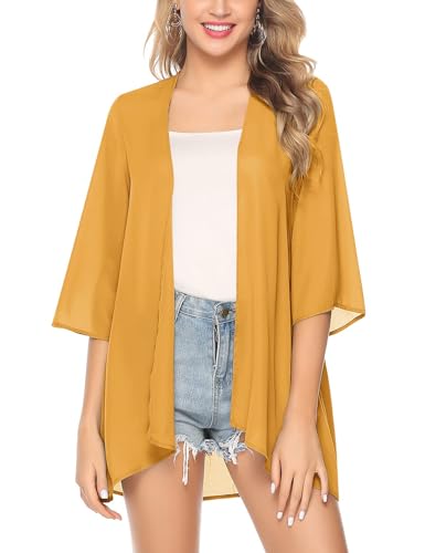 Irevial Damen Chiffon Kimono Cardigan 3/4 Arm Bikini Cover Up Leichte Strand Offene Front Jacke für Sommer, Einfarbig-Gelb, XL von Irevial