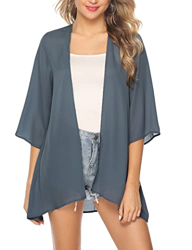 Irevial Damen Chiffon Kimono Cardigan 3/4 Arm Bikini Cover Up Leichte Strand Offene Front Jacke für Sommer, Einfarbig-Grau, S von Irevial