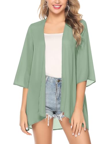 Irevial Damen Chiffon Kimono Cardigan 3/4 Arm Bikini Cover Up Leichte Strand Offene Front Jacke für Sommer, Einfarbig-Mint, S von Irevial