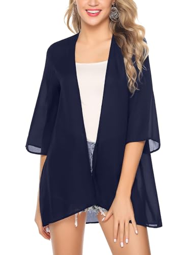 Irevial Damen Chiffon Kimono Cardigan 3/4 Arm Bikini Cover Up Leichte Strand Offene Front Jacke für Sommer, Einfarbig-Navy Blau, 3XL von Irevial