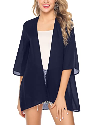 Irevial Damen Chiffon Kimono Cardigan 3/4 Arm Bikini Cover Up Leichte Strand Offene Front Jacke für Sommer, Einfarbig-Navy Blau, XXL von Irevial