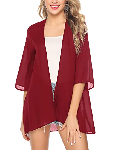 Irevial Damen Chiffon Kimono Cardigan 3/4 Arm Bikini Cover Up Leichte Strand Offene Front Jacke für Sommer, Einfarbig-Rot, M von Irevial