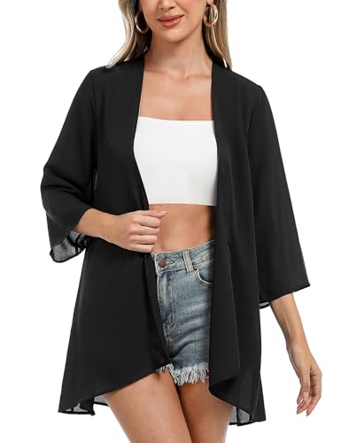 Irevial Damen Chiffon Kimono Cardigan 3/4 Arm Bikini Cover Up Leichte Strand Offene Front Jacke für Sommer, Einfarbig-Schwarz, 3XL von Irevial