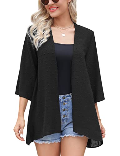 Irevial Damen Chiffon Kimono Cardigan 3/4 Arm Bikini Cover Up Leichte Strand Offene Front Jacke für Sommer, Schwarz, L von Irevial