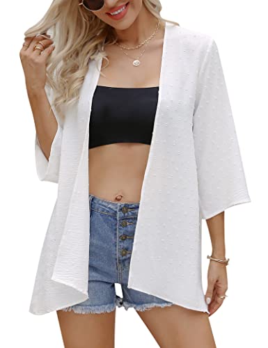 Irevial Damen Chiffon Kimono Cardigan 3/4 Arm Bikini Cover Up Leichte Strand Offene Front Jacke für Sommer, Weiß, S von Irevial