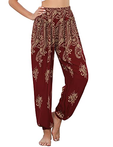 Irevial Damen Irevial Damen Haremshose Hippie Hose Baumwolle Strandhose Yogahose Pilates Sommerhose Yoga Pants, Burgunder-cashew, L EU von Irevial