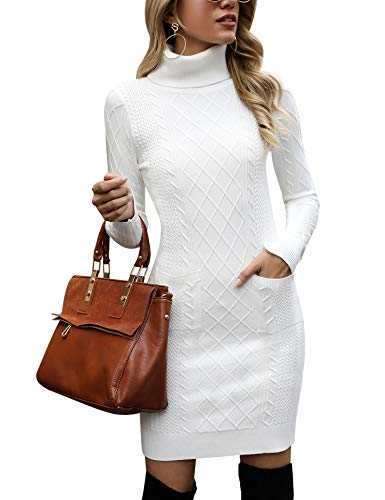 Irevial Damen Irevial Damen Strickkleid Rollkragen Langarm Stretch Pullikleid Lang Strickpullover Elegant Miniklei Cocktail Dress, A-weiß, L EU von Irevial