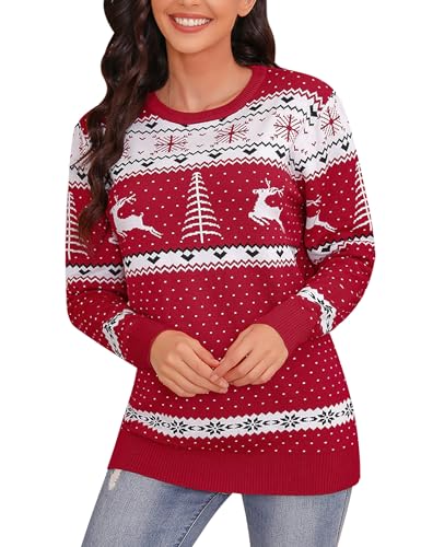 Irevial Damen Strickpullover Weihnachtspullover Damen Christmas Sweater Winter Rot S von Irevial