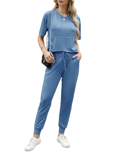 Irevial Damen Jogginganzug Sportanzug Zweiteiler Trainingsanzug Lose Kurzarm Top und Hose Sportanzug Hausanzug Schlafanzug Dunkelblau XL von Irevial