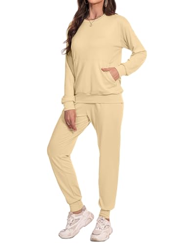 Irevial Damen Jogginganzug Sportanzug Zweiteiler Trainingsanzug Lose Langarm Top und Hose Sportanzug Hausanzug Schlafanzug Beige XXL von Irevial