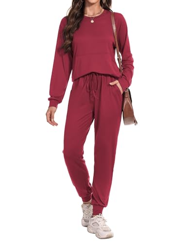 Irevial Damen Jogginganzug Sportanzug Zweiteiler Trainingsanzug Lose Langarm Top und Hose Sportanzug Hausanzug Schlafanzug Rot L von Irevial