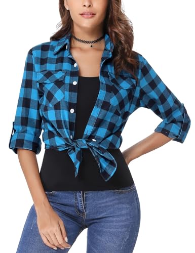 Irevial Damen Karierte Bluse Karo Flanell Hemden Classic Button-down Blusenshirt Langarm Plaid Shirt Oberteile für Frühling und Herbst Blau L von Irevial