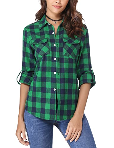 Irevial Damen Karierte Bluse Karo Flanell Hemden Classic Button-down Blusenshirt Langarm Plaid Shirt Oberteile für Frühling und Herbst Grün XXL von Irevial