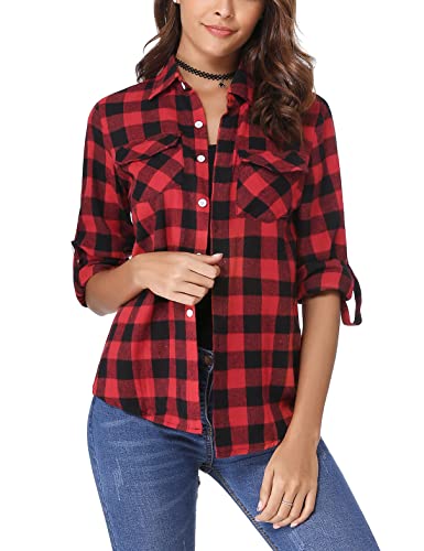 Irevial Damen Karierte Bluse Karo Flanell Hemden Classic Button-down Blusenshirt Langarm Plaid Shirt Oberteile für Frühling und Herbst Rot XL von Irevial