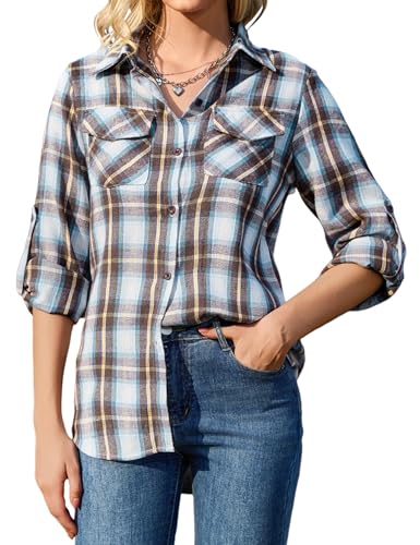 Irevial Damen Karierte Bluse Karo Flanell Hemden Classic Button-down Blusenshirt Langarm Plaid Shirt Oberteile für Frühling und Herbst PAT3 L von Irevial