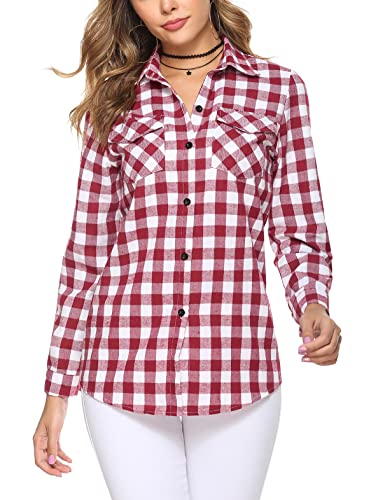 Irevial Damen Kariertes Bluse Casual Karohemd Button-down Langarmshirt Boyfriend-Stil Baumwolle Hemdbluse Plaid Shirt für Frühling und Herbst Rot L von Irevial