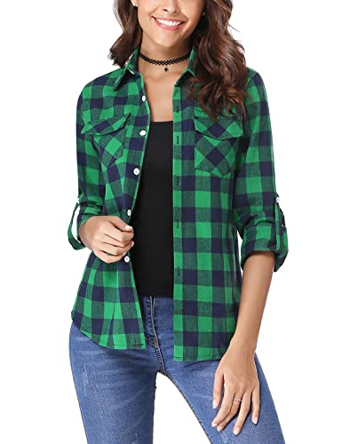 Irevial Damen Kariertes Bluse Casual Karohemd Button-down Langarmshirt Boyfriend-Stil Baumwolle Hemdbluse Plaid Shirt für Frühling und Herbst Grün XL von Irevial