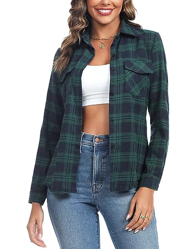 Irevial Damen Kariertes Bluse Casual Karohemd Button-down Langarmshirt Boyfriend-Stil Baumwolle Hemdbluse Plaid Shirt für Frühling und Herbst Grün S von Irevial