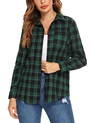 Irevial Damen Kariertes Hemd Bluse Langarm Klassisch Karohemd Button-down Hemdbluse Baumwolle Tops für Alltag und Oktoberfest Grün+schwarz S von Irevial