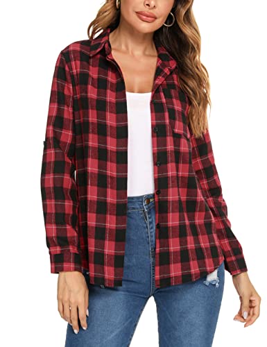 Irevial Damen Kariertes Hemd Bluse Langarm Klassisch Karohemd Button-down Hemdbluse Baumwolle Tops für Alltag und Oktoberfest Rot+schwarz M von Irevial