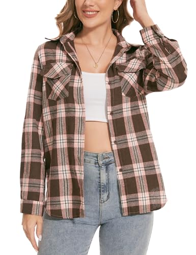 Irevial Damen Kariertes Hemd mit Knopfleiste V-Ausschnitt Langarm Oktoberfest Bluse Karo Tunika Baumwolle Tops Casual Oberteile Pink S von Irevial