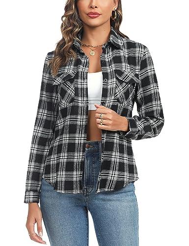 Irevial Damen Kariertes Hemd mit Knopfleiste V-Ausschnitt Langarm Oktoberfest Bluse Karo Tunika Baumwolle Tops Casual Oberteile Schwarz XXL von Irevial