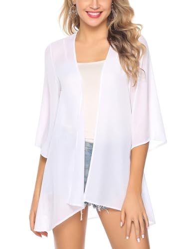 Irevial Damen Kimono Cardigan Chiffon Strand Cover Up Elegante Leichte Sommerjacke für Freizeit Ferien, Einfarbig-Weiß, S von Irevial