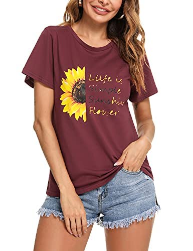 Irevial Damen Kurz Sommer Shirt Baumwolle Lässig T Shirts Kurzarm Oberteil Bluse mit Aufdruck Sonnenblume,A-Rotwein,S von Irevial