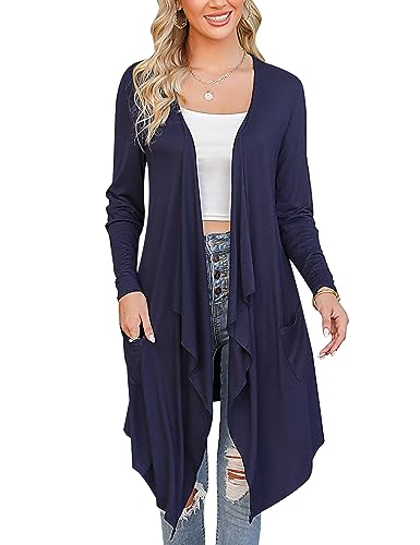 Irevial Damen Langarm Open Front Cardigan Casual Strickjacke Sommer Elegante Lässige Leichte Strickmantel High Low Saum Blau S von Irevial