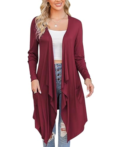 Irevial Damen Sommer Langarm -Lang Strickjacken für Damen Elegante Lässige Leichte Strickjacke mit Tasche High Low Saum Rot L von Irevial