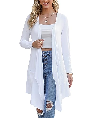 Irevial Damen Strickjacke Casual Cardigan Elegant Lang Einfarbige Dünne Jacke Für Frühling und Sommer Weiß L von Irevial