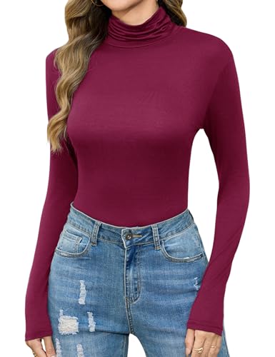 Irevial Damen Langarmshirt Rollkragenpullover Oberteil Shirt Basic Tops Thermounterwäsche Unterhemd Silm Fit Weinrot M von Irevial